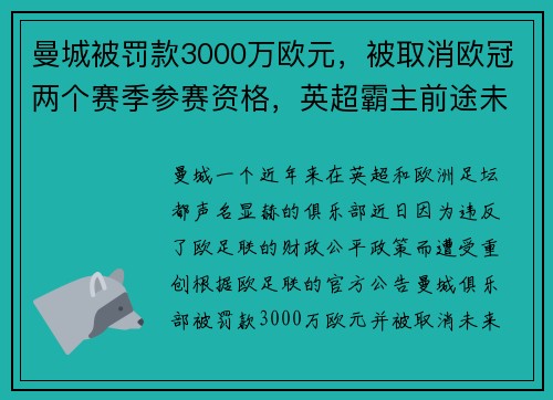 曼城被罚款3000万欧元，被取消欧冠两个赛季参赛资格，英超霸主前途未卜